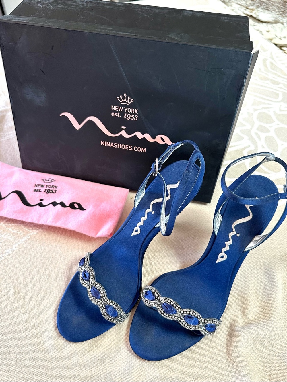 Nina Vasek Blue Satin Rhinestone Ankle Strap Heels Size 9 - Picture 8 of 9